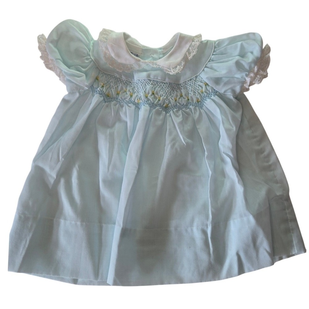 Polly Flinders Vintage Hand Smocked Blue Lace Infant Dress 3-9 Months Floral